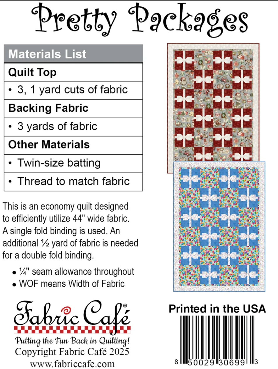 Pretty Packages 3 Yard Quilt Pattern by Fabric Cafe