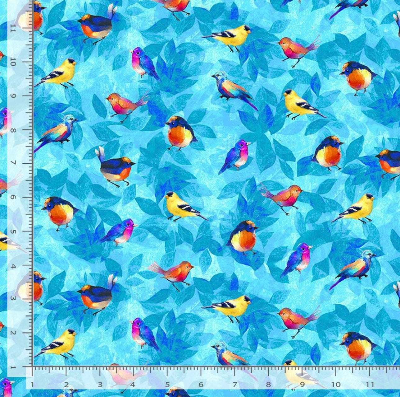 Colorful bird pattern on a blue background with a ruler for scale.